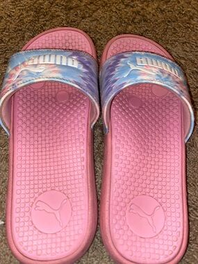 Puma Pink Slides with Blue-Purple Tie-Dye Straps